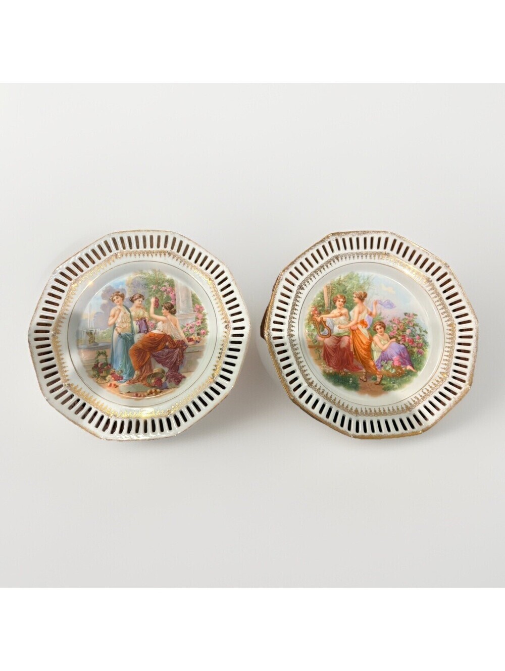 Vintage Carl Schuman 3 muses Goddess pair 7" plates reticulated edge Bavaria